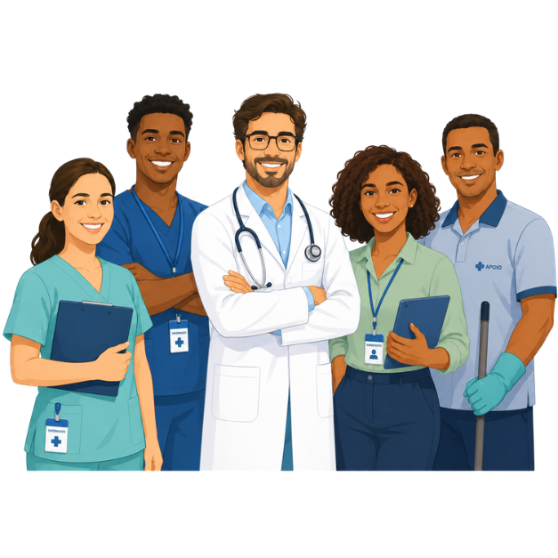 Equipe multiprofissional reunida em ambiente de saúde e apoio