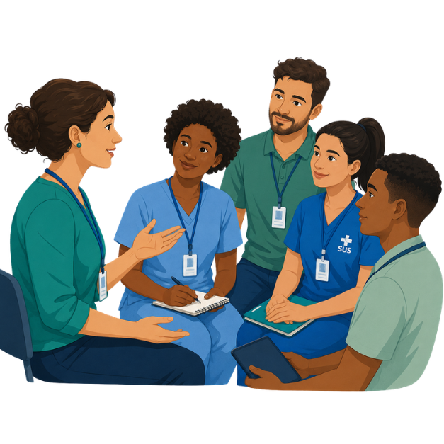 Equipe em conversa colaborativa e respeitosa