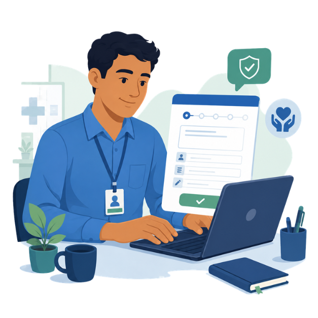 Profissional preenchendo formulário em ambiente digital seguro