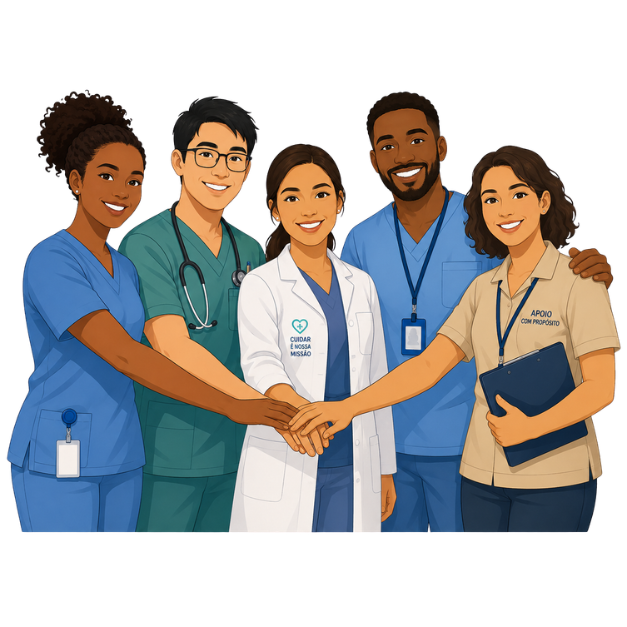 Equipe unida representando compromisso coletivo e cuidado